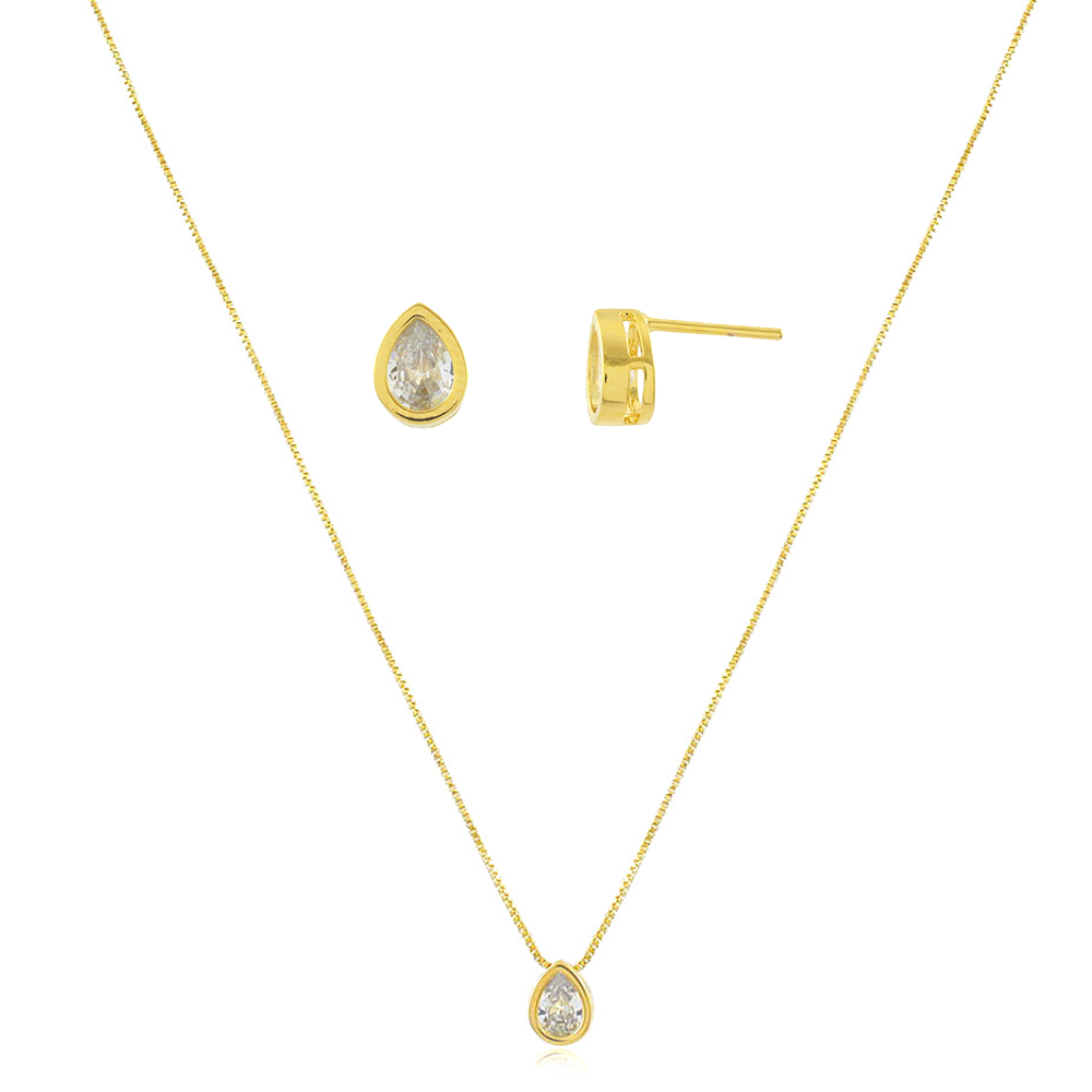 Conjunto Colar e Brinco Ponto de Luz Gota com zirconias banhado em ouro 18k