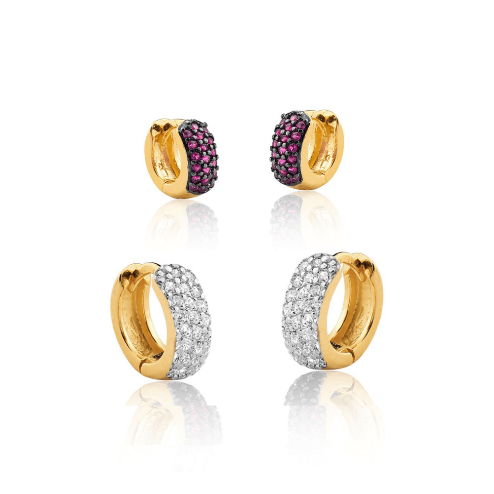 Conjunto Brinco de Argolas Primeiro e Segundo Furo zirconias brancas e rubi banhado em ouro 18k