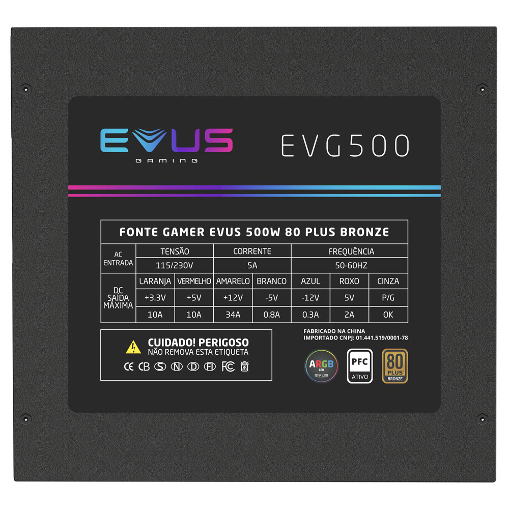 FONTE EVUS EVG500 GAMER 500W 80 PLUS BRONZE LED RGB - miniatura 3
