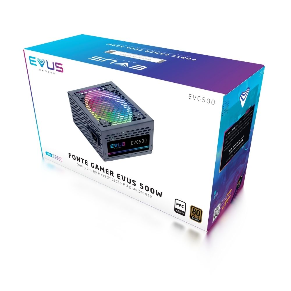 FONTE EVUS EVG500 GAMER 500W 80 PLUS BRONZE LED RGB - miniatura 5