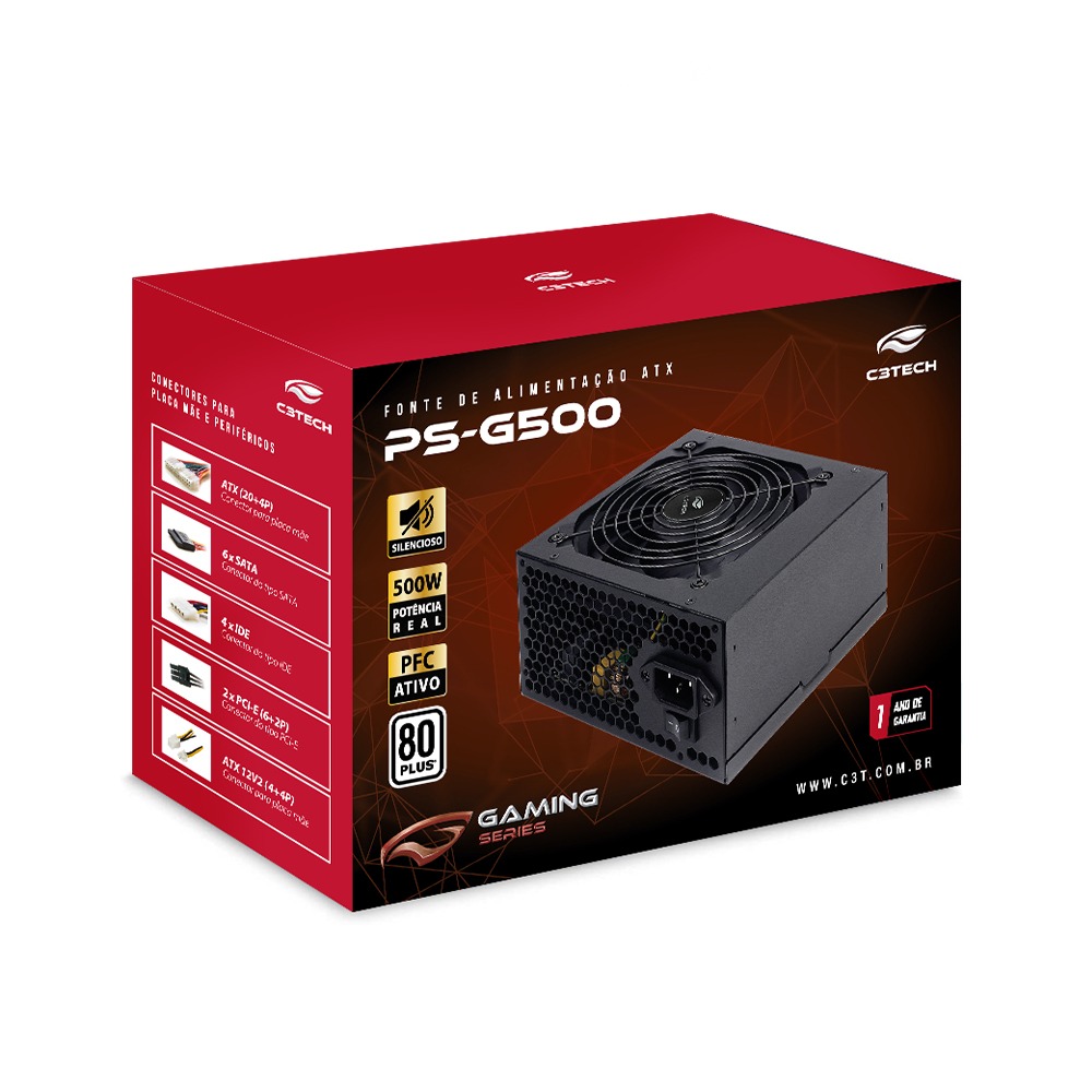 FONTE DE ALIMENTACAO C3TECH 500WTS 80 PLUS WHITE PSG500 PRETO - foto 1