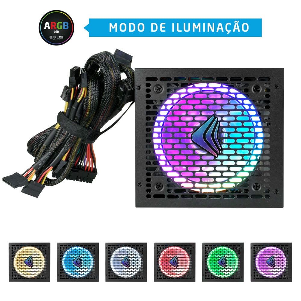 FONTE EVUS EVG500 GAMER 500W 80 PLUS BRONZE LED RGB - miniatura 2