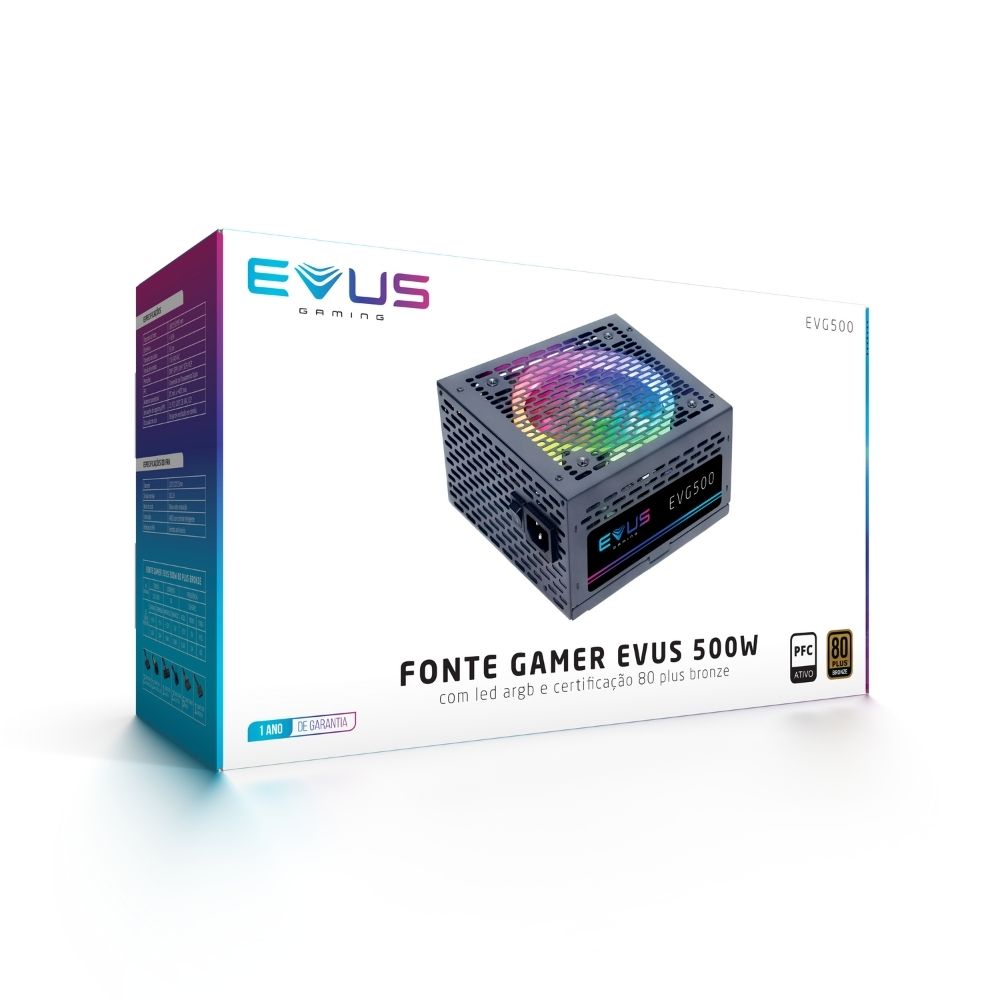 FONTE EVUS EVG500 GAMER 500W 80 PLUS BRONZE LED RGB - miniatura 7