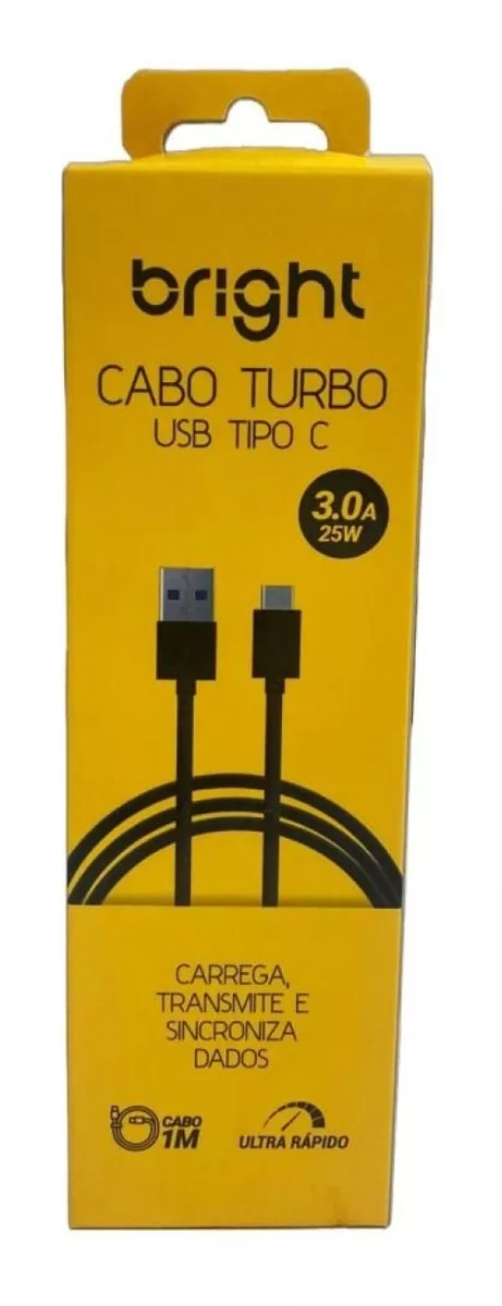 CABO TURBO USB TIPO C 3A 25W 1 METRO PRETO AC596 – BRIGHT - miniatura 2