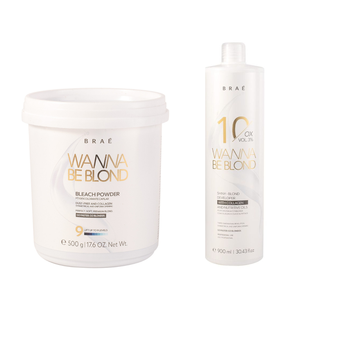BRAÉ WANNA BE BLOND PÓ DESCOLORANTE CAPILAR 500g + WANNA BE BLOND 0X 10 VOLUMES 900ML