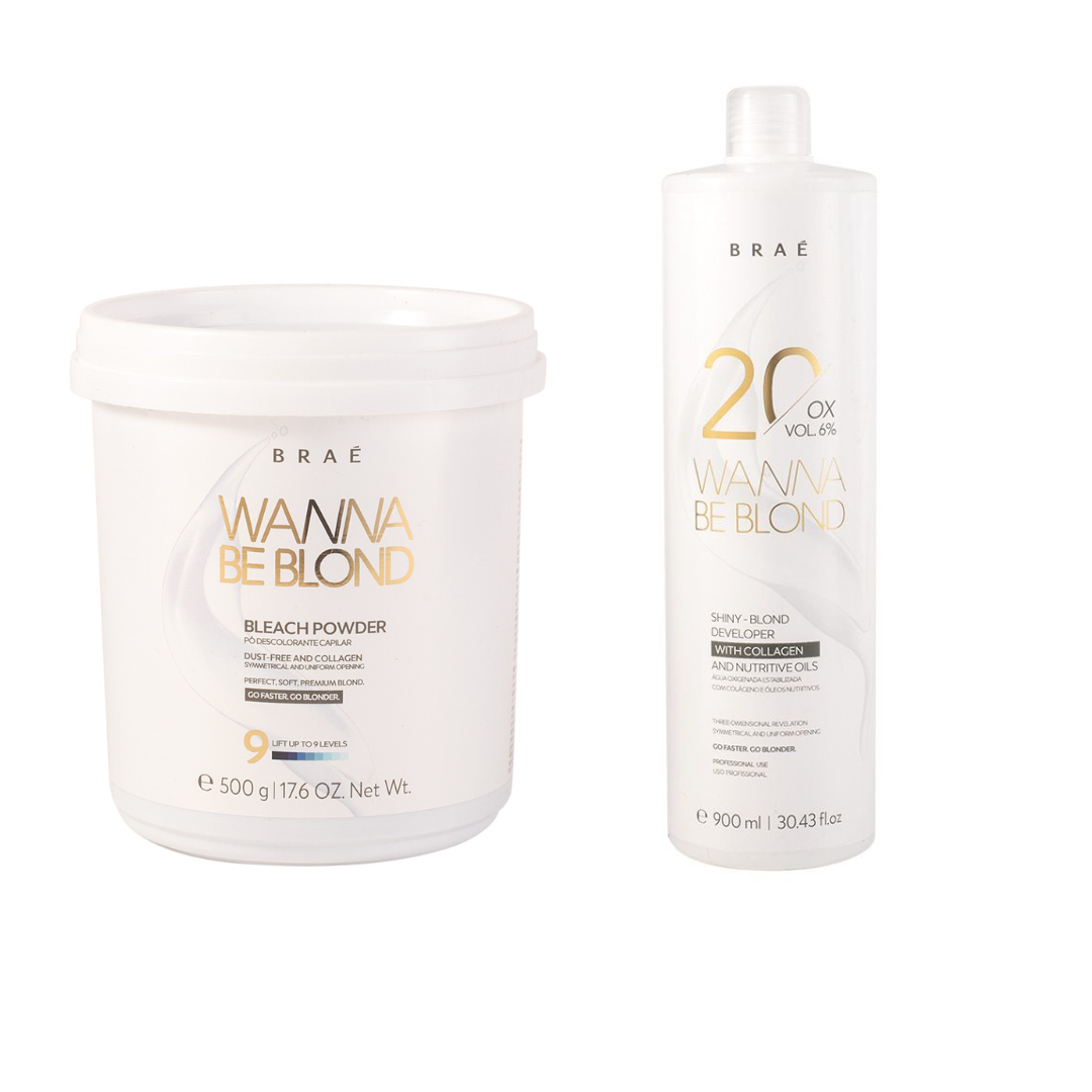 BRAÉ WANNA BE BLOND PÓ DESCOLORANTE CAPILAR 500g + WANNA BE BLOND 20 VOLUMES 900ML