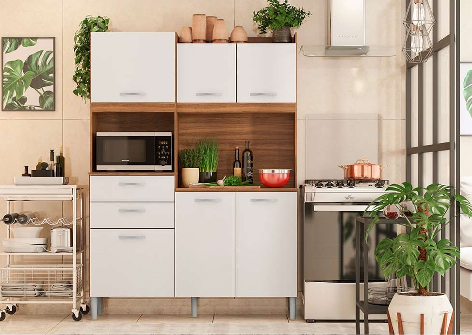 Kit Cozinha Harmonia 6 portas 2 Gavetas Amêndola/Branco